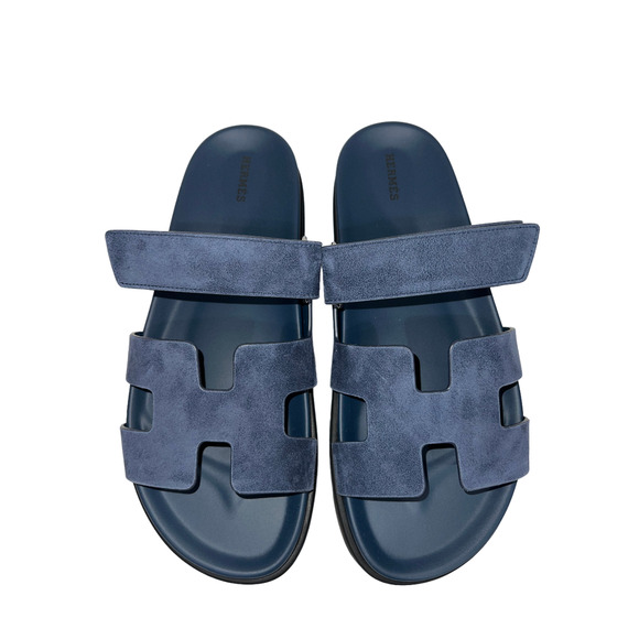 Hermes Chypre Sandal Blue Celeste Dark Suede Logo Strap Slide Slip On Flat 42 - Picture 5 of 11